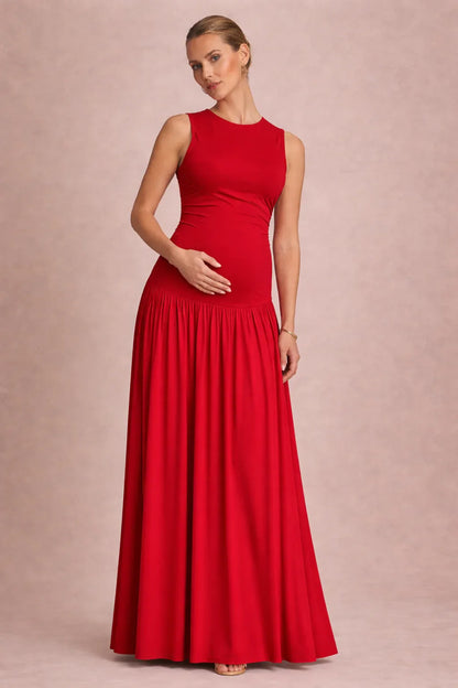 Maternity Maxi Dress – Sleeveless Round Neck Pleated Pregnancy Dress
