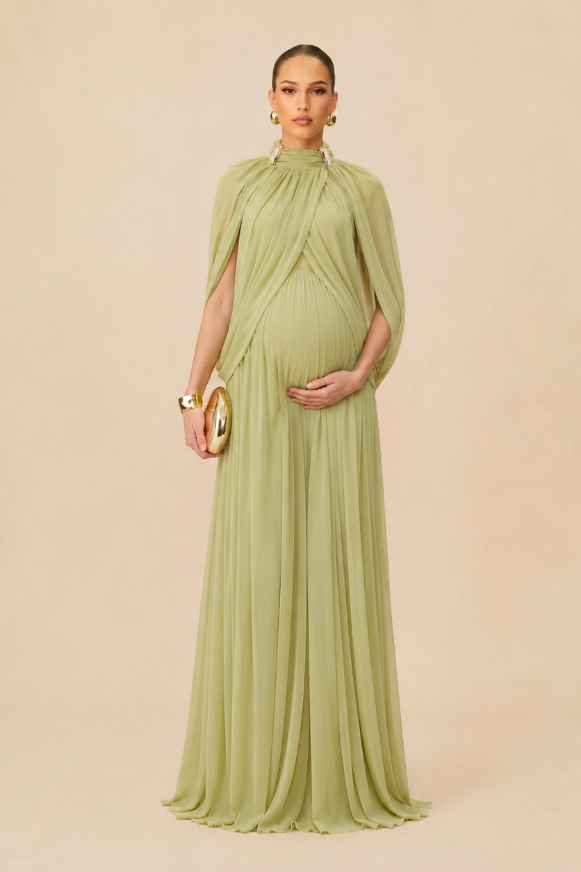 Sage Green Maternity Maxi Dress – Pleated High Neck Draped Cape Sleeve Knit Pregnancy Dress