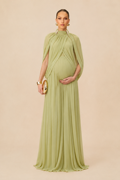 Sage Green Maternity Maxi Dress – Pleated High Neck Draped Cape Sleeve Knit Pregnancy Dress