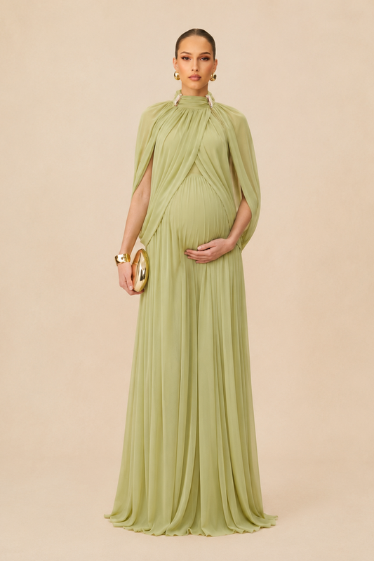Sage Green Maternity Maxi Dress – Pleated High Neck Draped Cape Sleeve Knit Pregnancy Dress