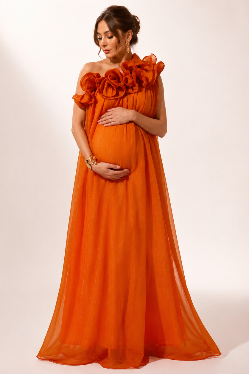 Orange Maternity Maxi Dress with One Shoulder Ruffle Detail – Baby Shower Pregnancy Dress