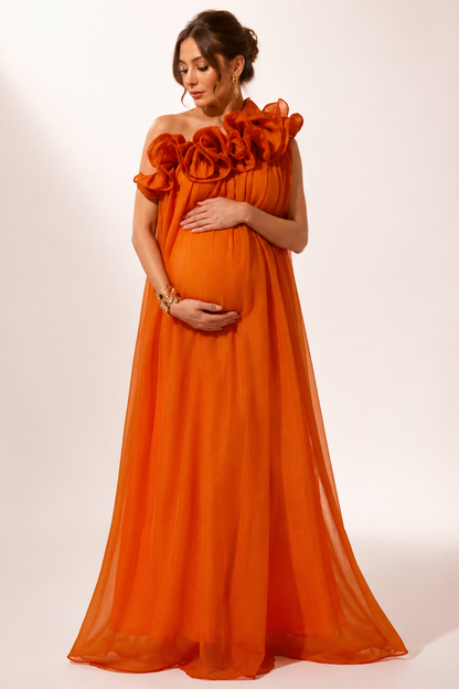 Orange Maternity Maxi Dress with One Shoulder Ruffle Detail – Baby Shower Pregnancy Dress