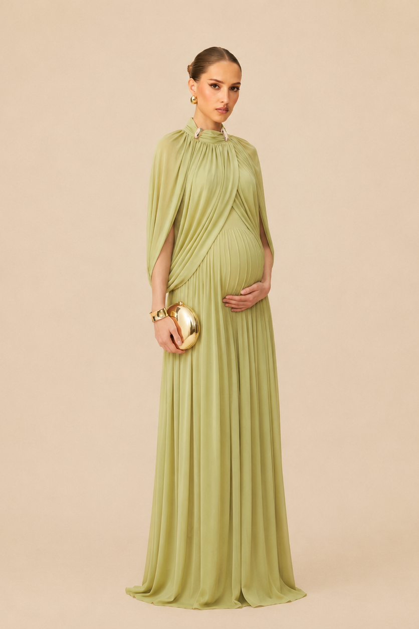 Sage Green Maternity Maxi Dress – Pleated High Neck Draped Cape Sleeve Knit Pregnancy Dress