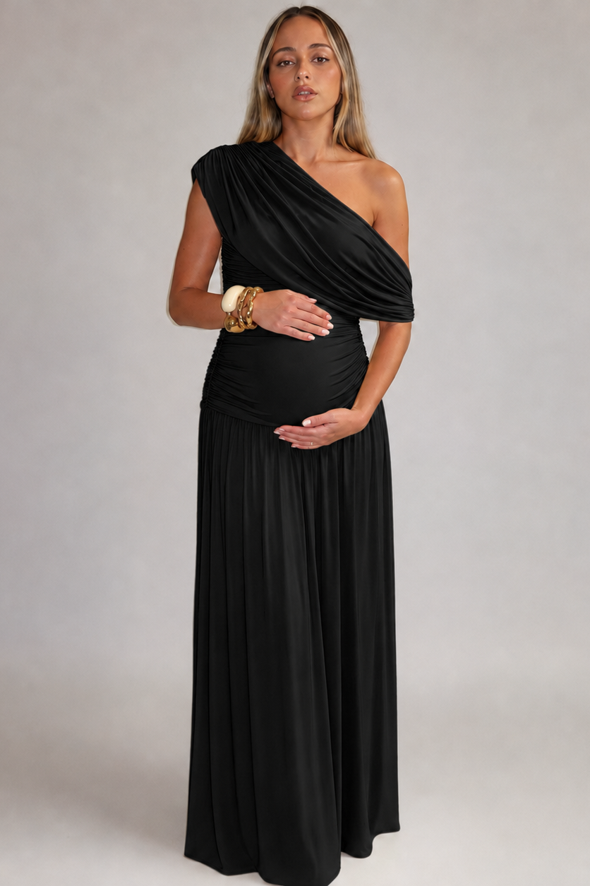 Maternity Maxi Dress – One Shoulder Asymmetric Neckline Ruched Prenatal Dress