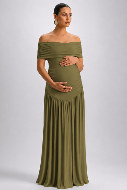 Maternity Maxi Dress – Off Shoulder Pregnancy Dress with Flowing A-Line Skirt