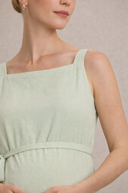 Maternity Midi Dress – Sleeveless Empire Waist Pregnancy Dress with Tie Waist