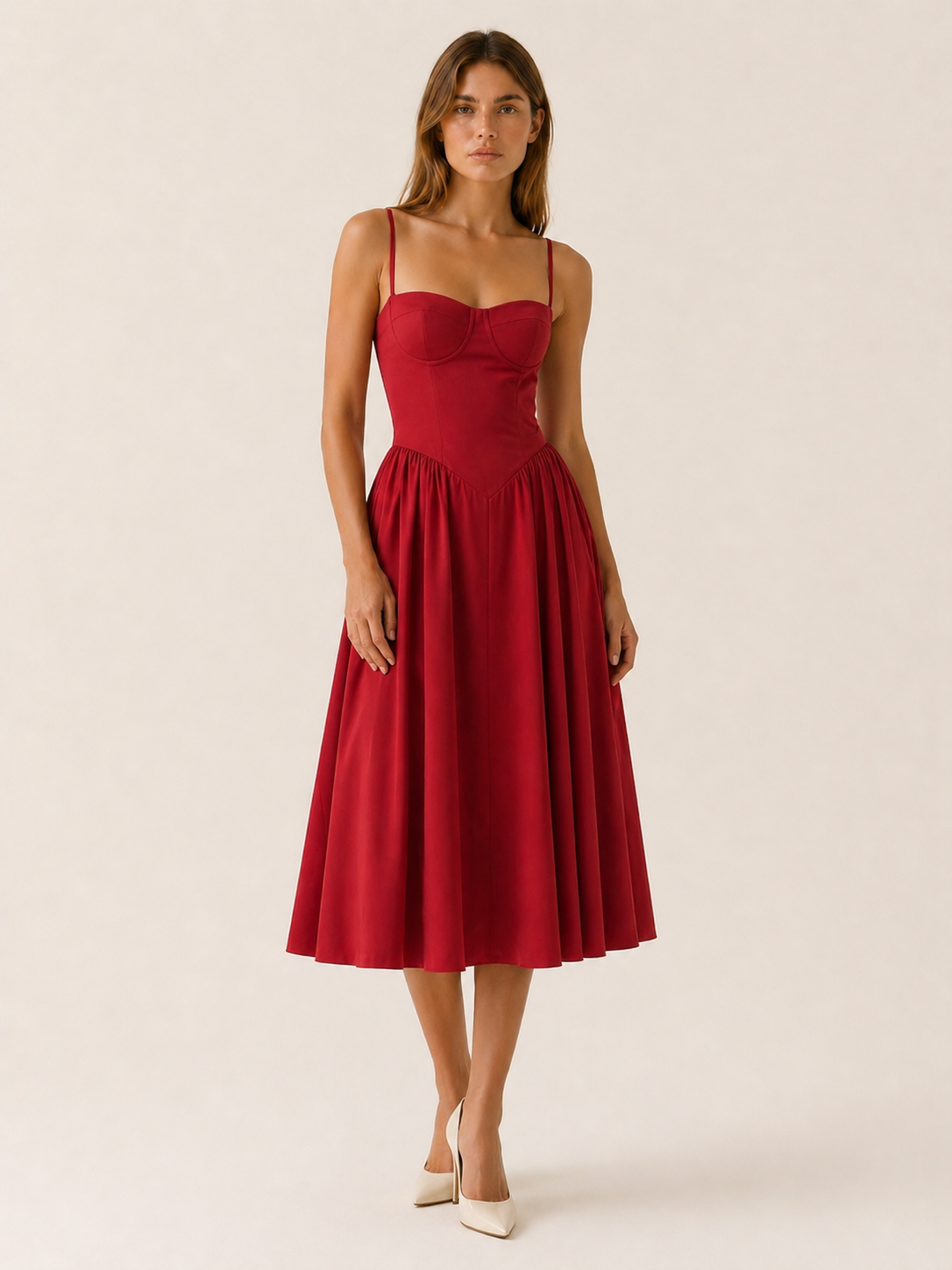 Elara | Anteross Wedding Guest Corset Midi Dress with Sweetheart Neck