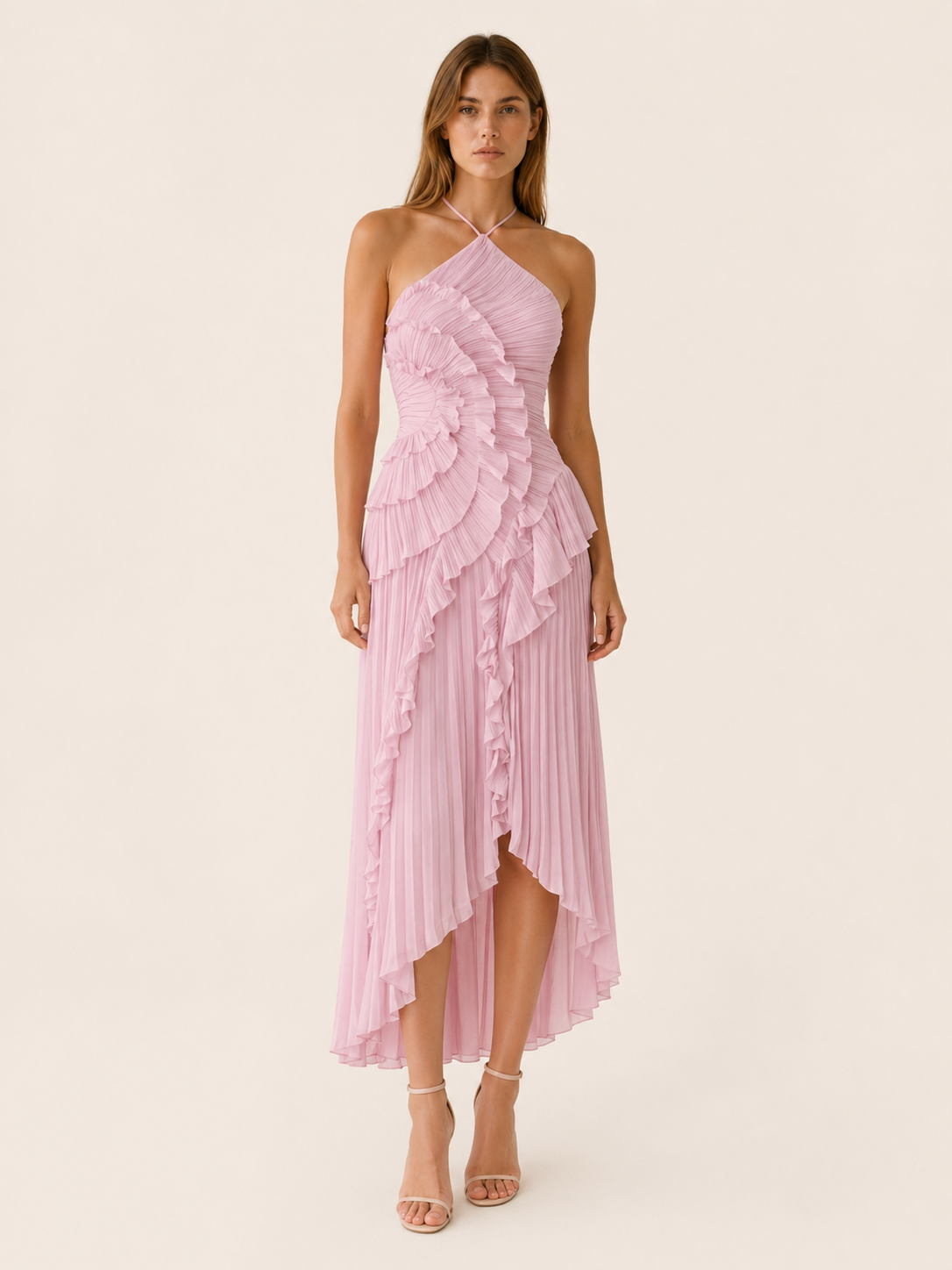 Celeste | Anteross Wedding Guest Halter Neck Maxi Dress Ruffle Detail
