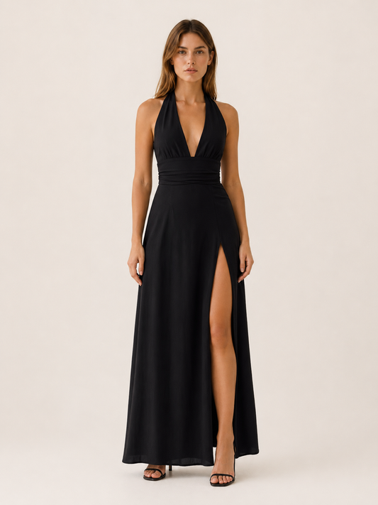 Celeste | Anteross Wedding Guest Halter Neck Maxi Dress with Side Slit