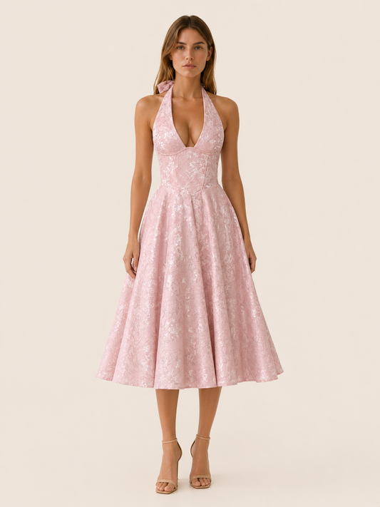 Celeste | Anteross Wedding Guest Halter Neck Midi Dress with Corset Bodice