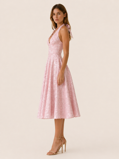 Celeste | Anteross Wedding Guest Halter Neck Midi Dress with Corset Bodice