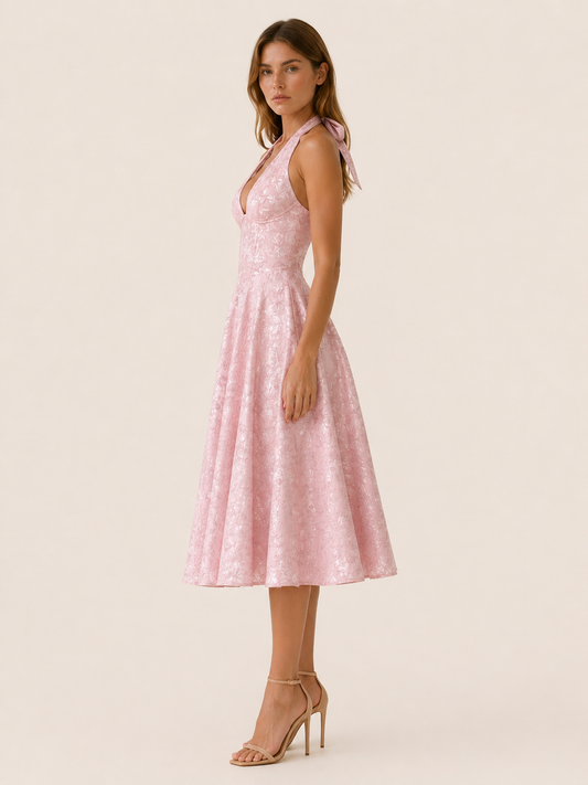 Celeste | Anteross Wedding Guest Halter Neck Midi Dress with Corset Bodice