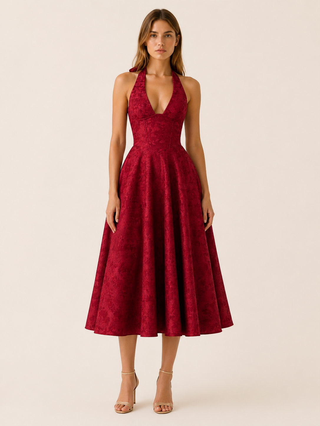 Celeste | Anteross Wedding Guest Halter Neck Midi Dress with Corset Bodice