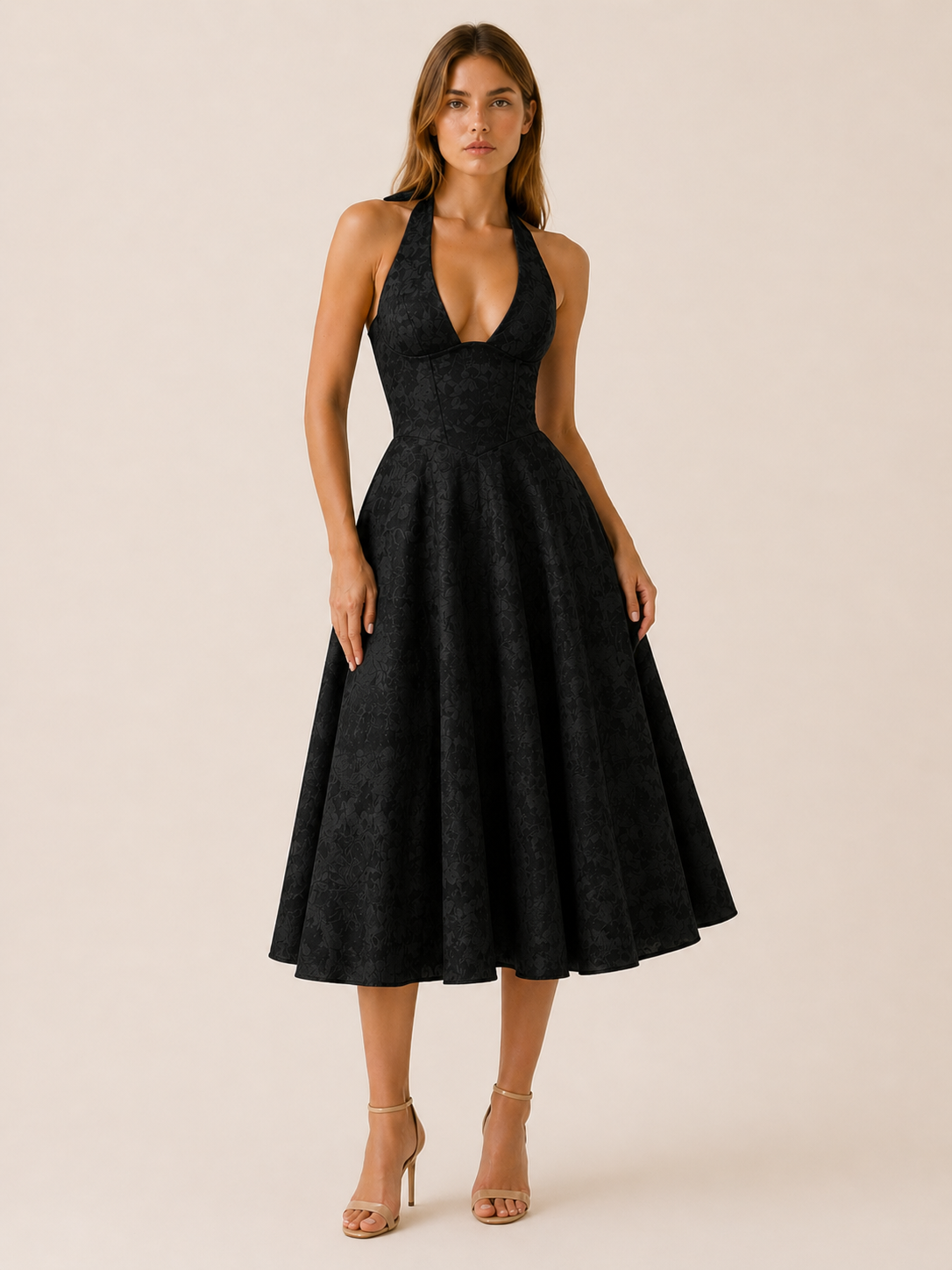 Celeste | Anteross Wedding Guest Halter Neck Midi Dress with Corset Bodice