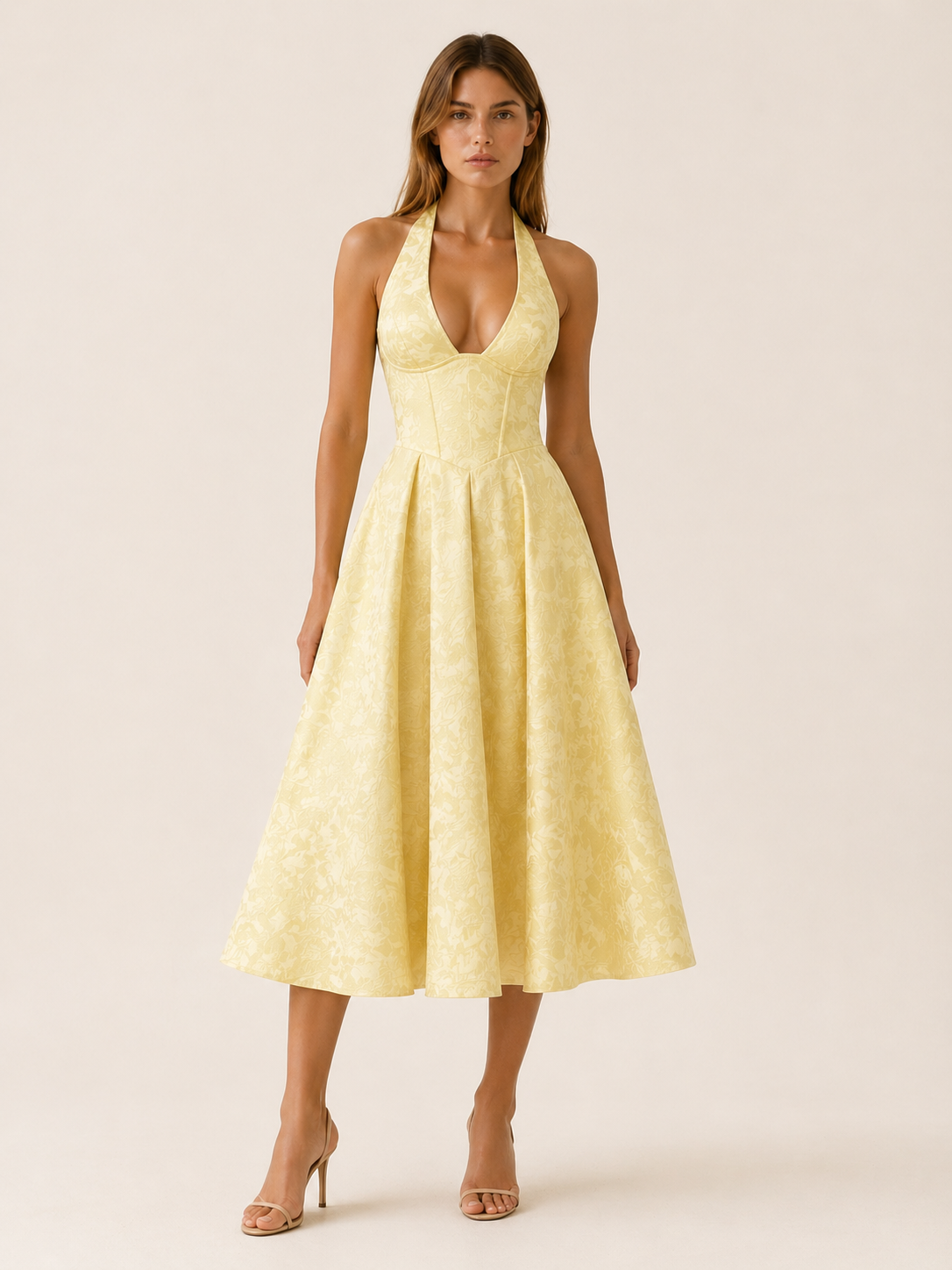 Celeste | Anteross Wedding Guest Halter Neck Midi Dress with Corset Bodice