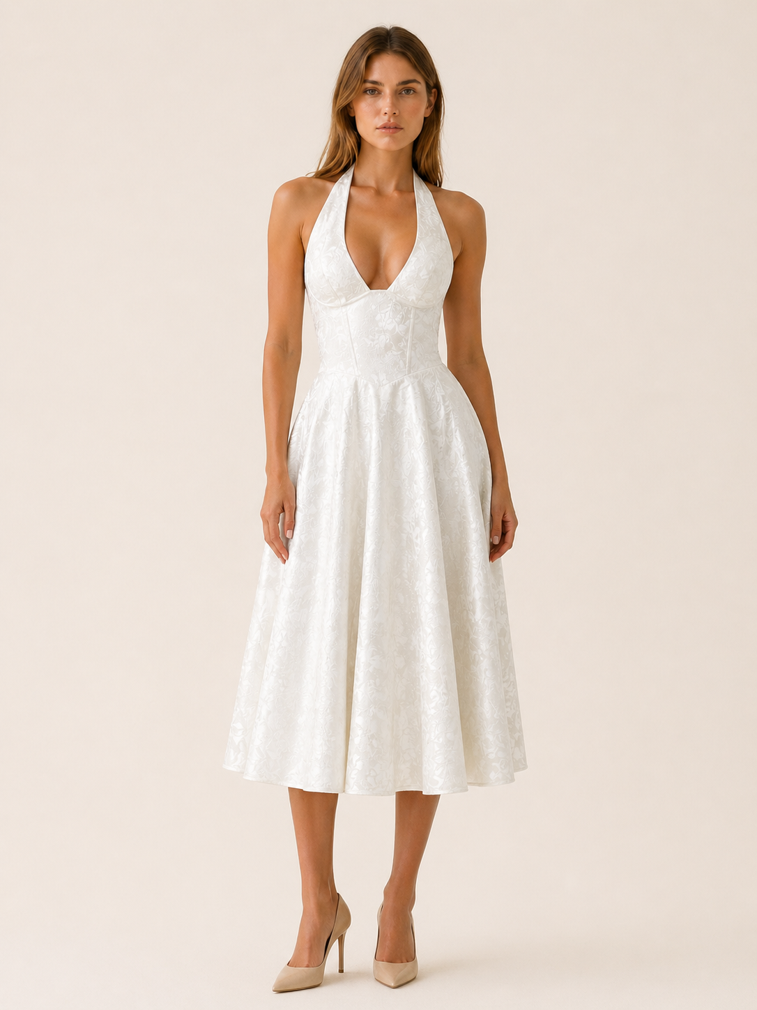 Celeste | Anteross Wedding Guest Halter Neck Midi Dress with Corset Bodice