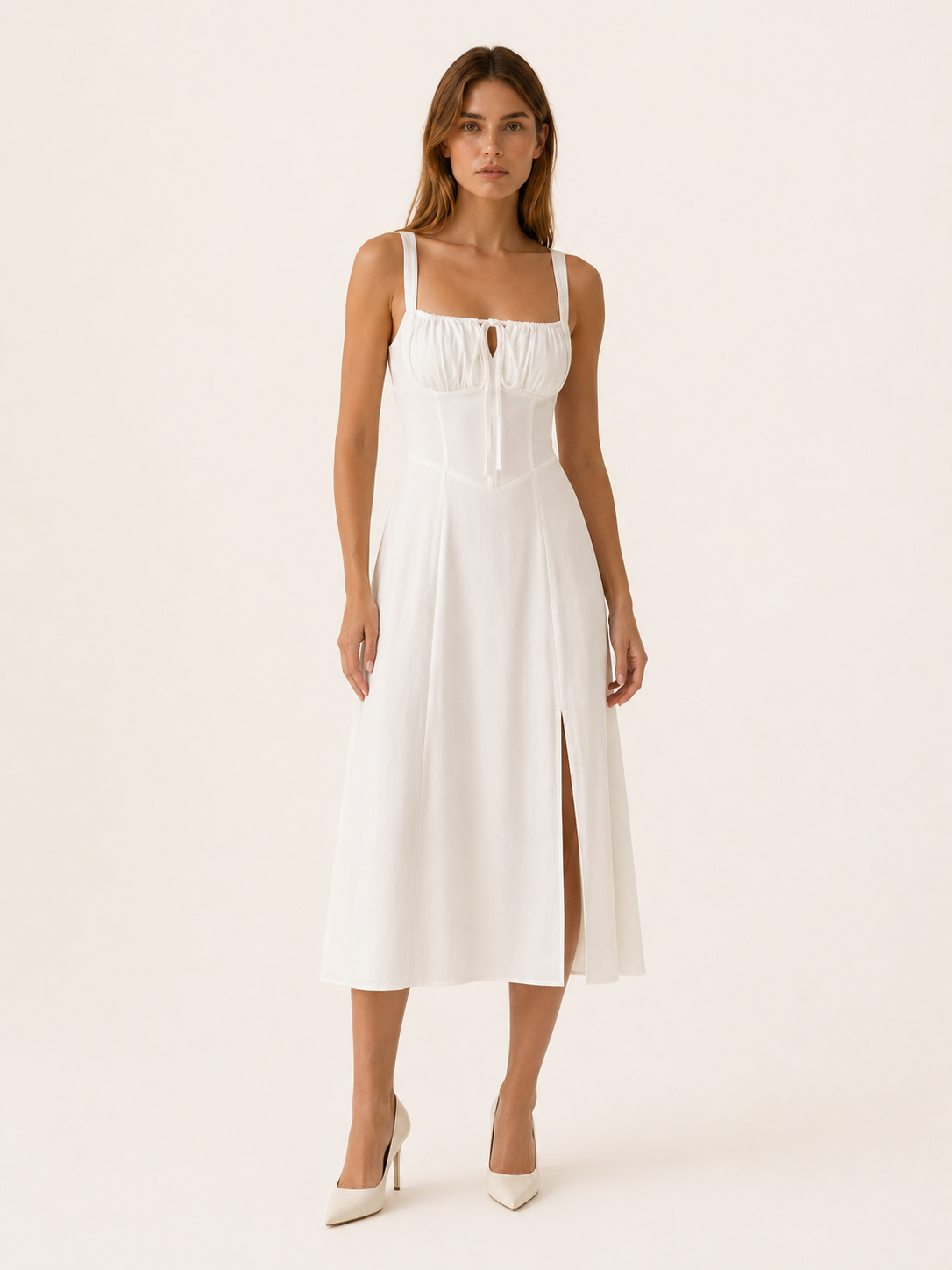 Aurelia | Anteross Wedding Guest Lace Up Midi Dress with Side Slit