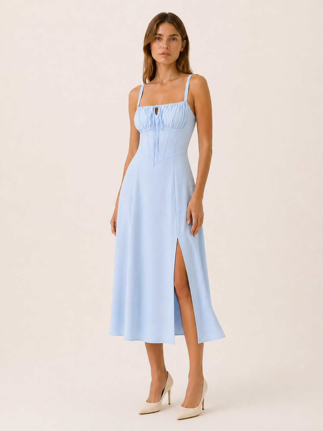 Aurelia | Anteross Wedding Guest Lace Up Midi Dress with Side Slit
