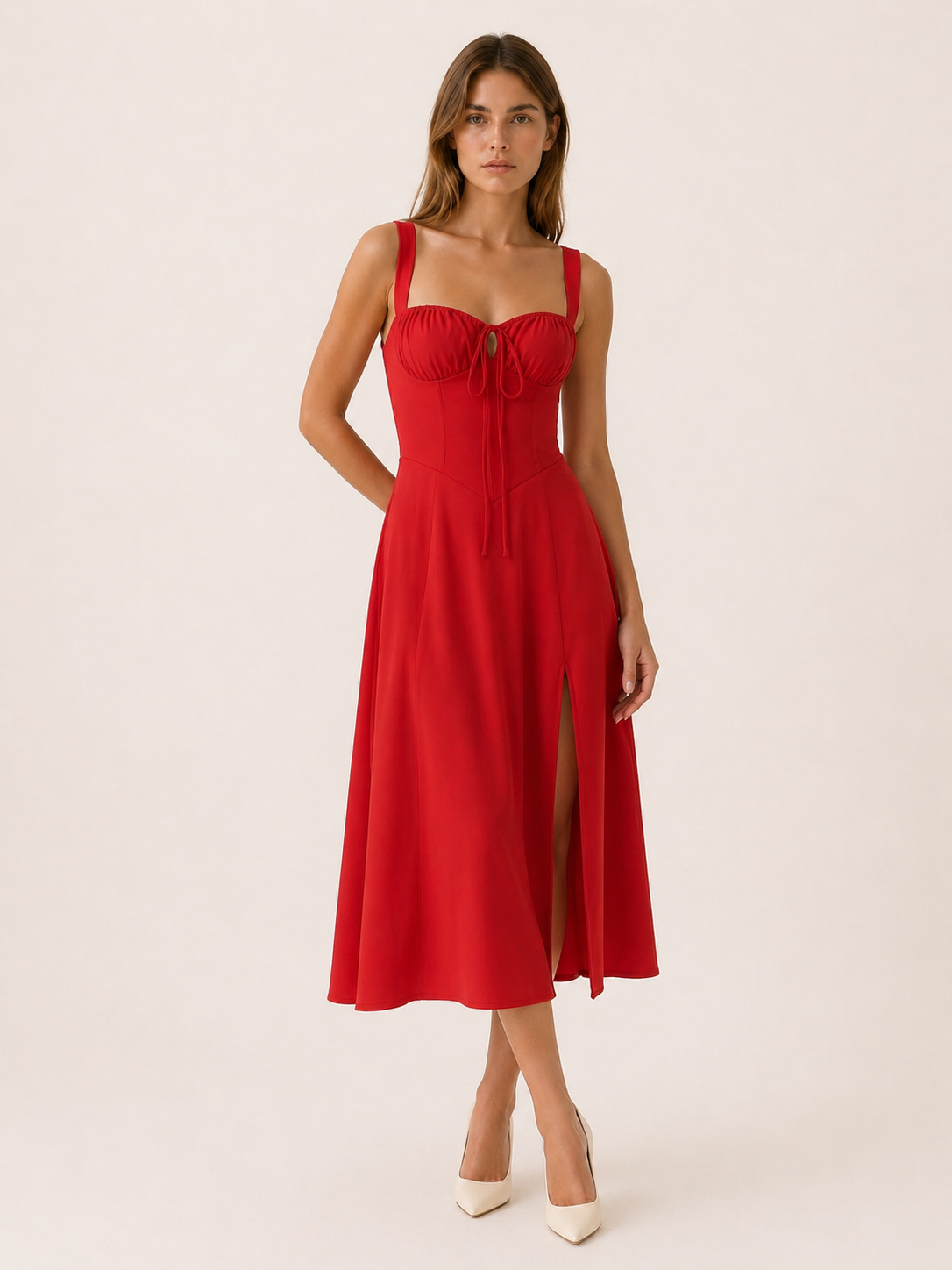 Aurelia | Anteross Wedding Guest Lace Up Midi Dress with Side Slit