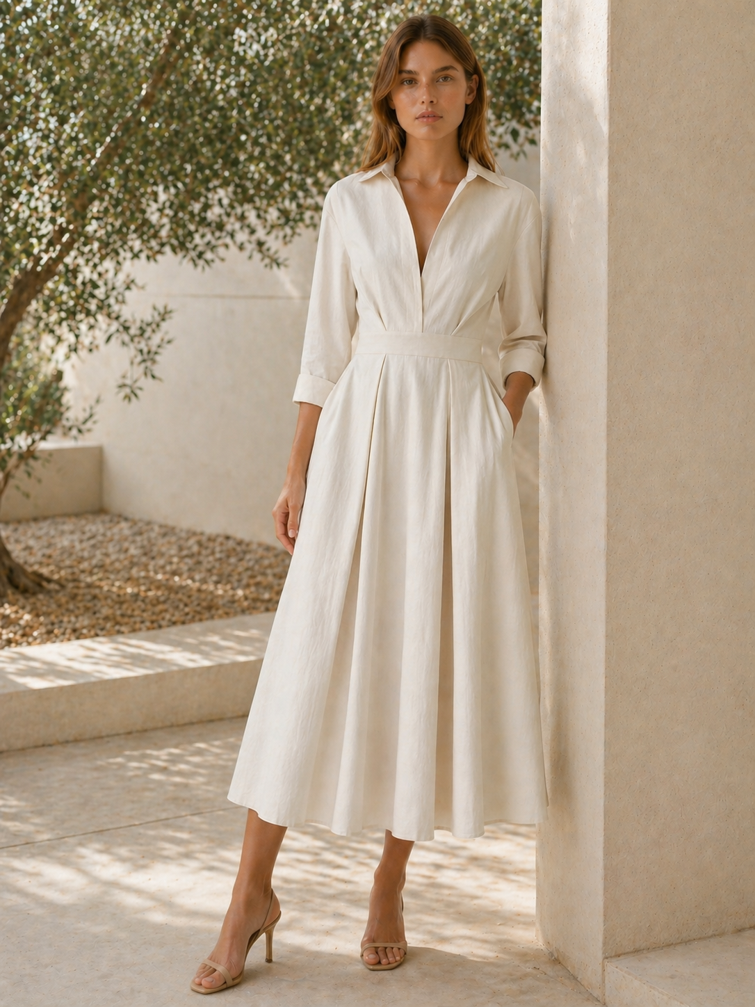 Celeste | Anteross Wedding Guest Midi Shirt Dress with Pleated Skirt and Pockets
