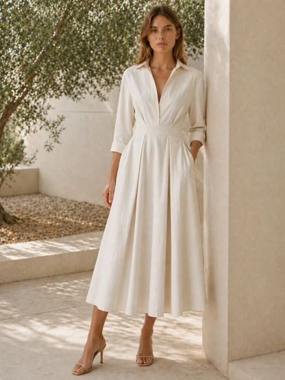 Celeste | Anteross Wedding Guest Midi Shirt Dress with Pleated Skirt and Pockets