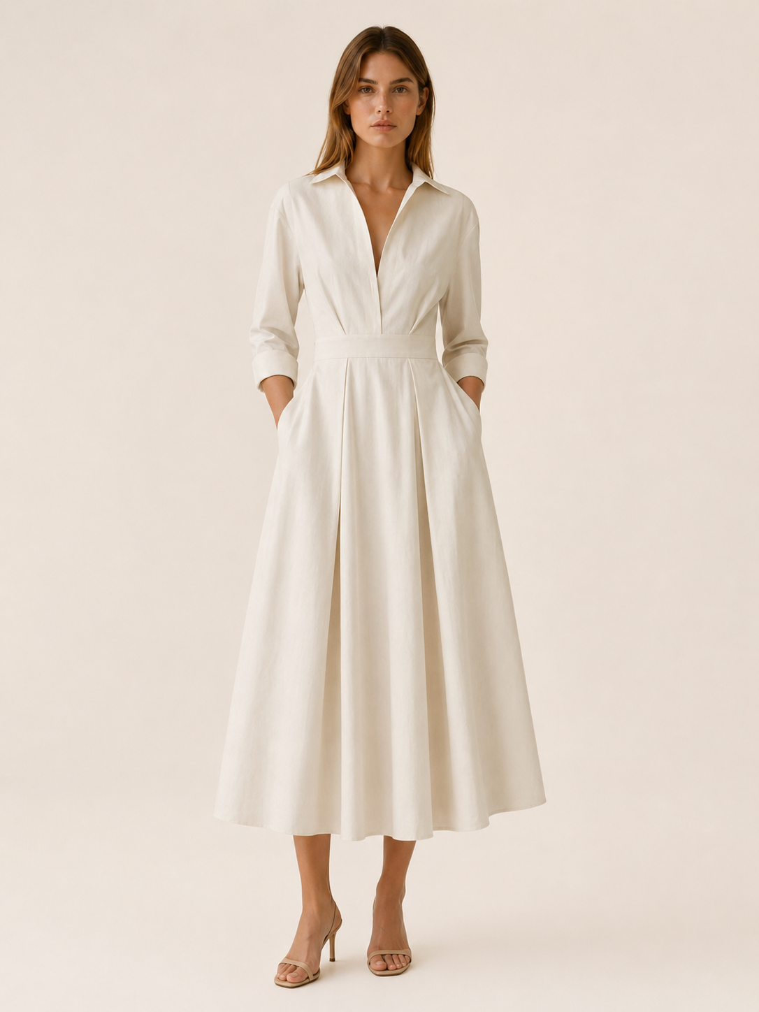 Celeste | Anteross Wedding Guest Midi Shirt Dress with Pleated Skirt and Pockets