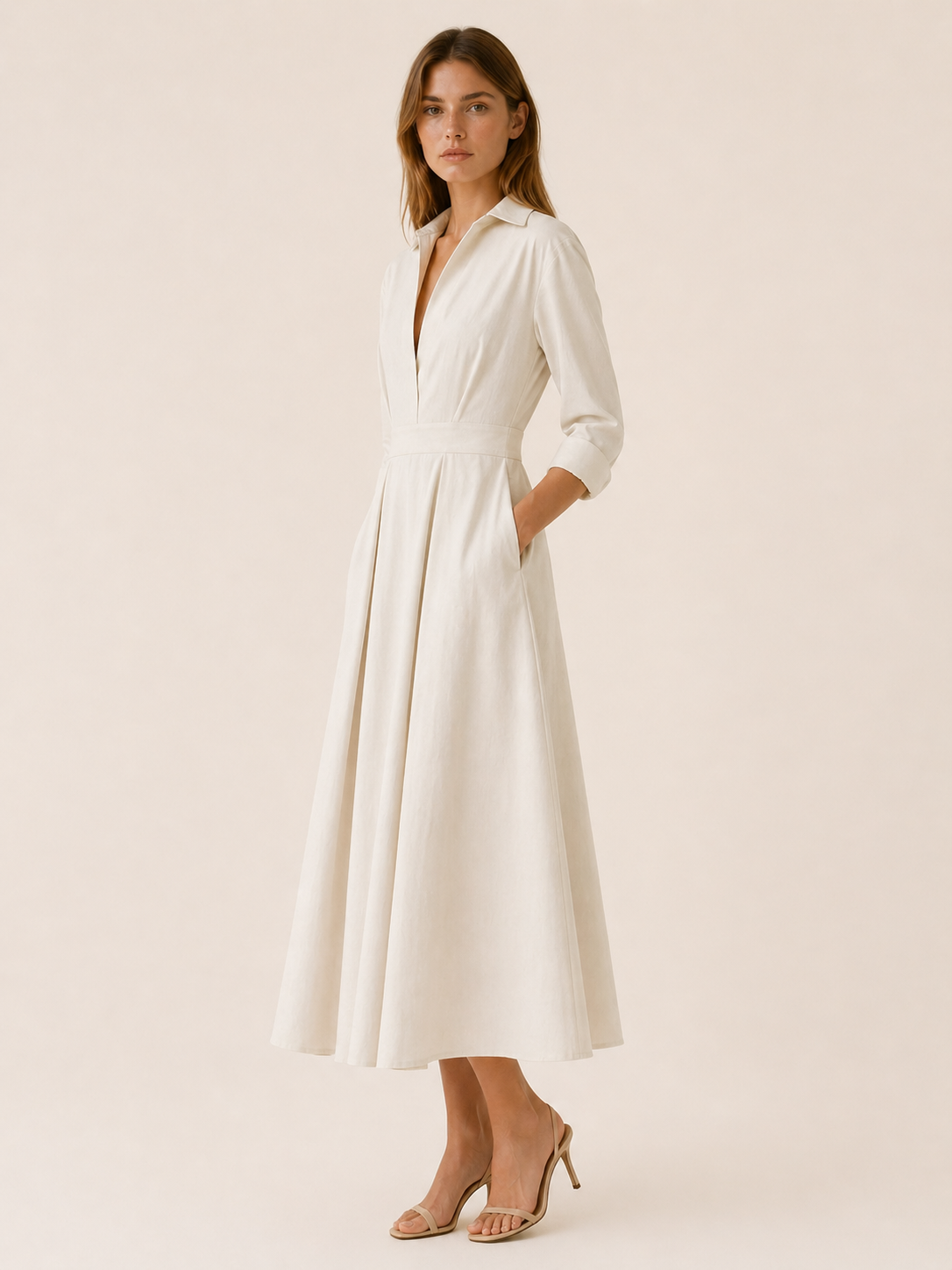 Celeste | Anteross Wedding Guest Midi Shirt Dress with Pleated Skirt and Pockets