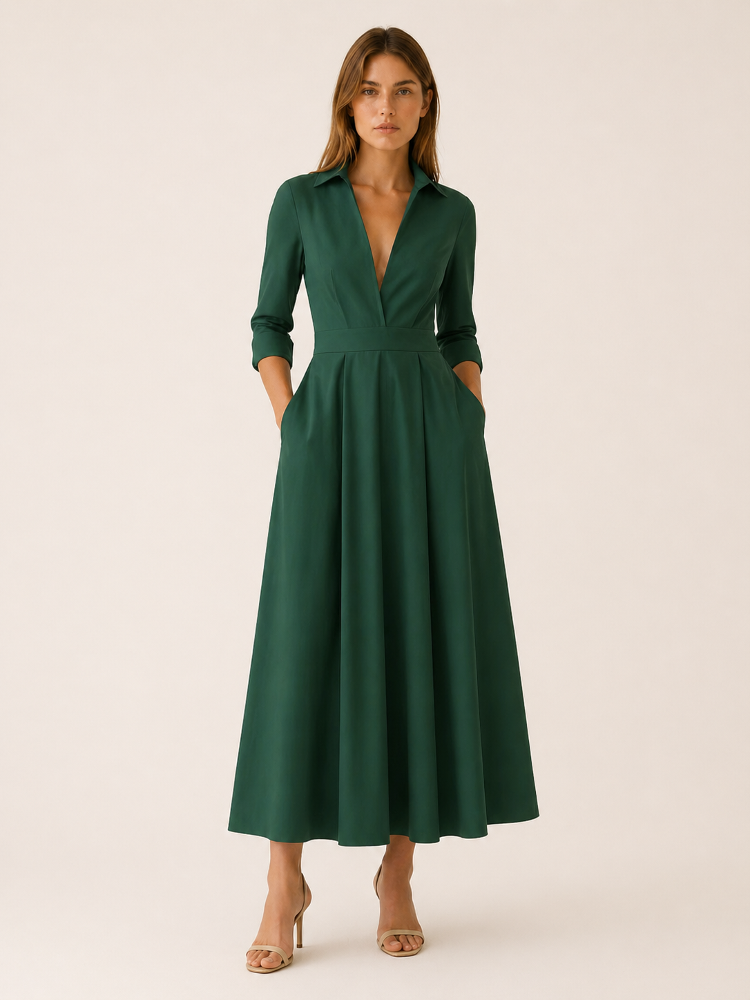 Celeste | Anteross Wedding Guest Midi Shirt Dress with Pleated Skirt and Pockets