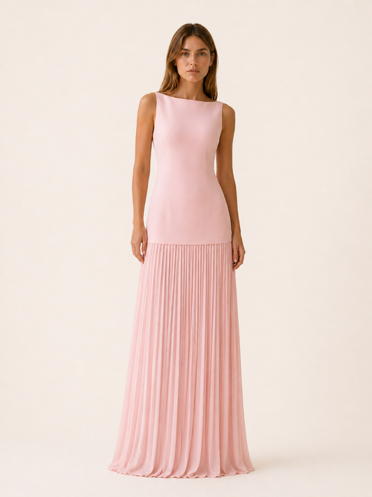 Celeste | Anteross Wedding Guest Pleated Maxi Dress with Boat Neck