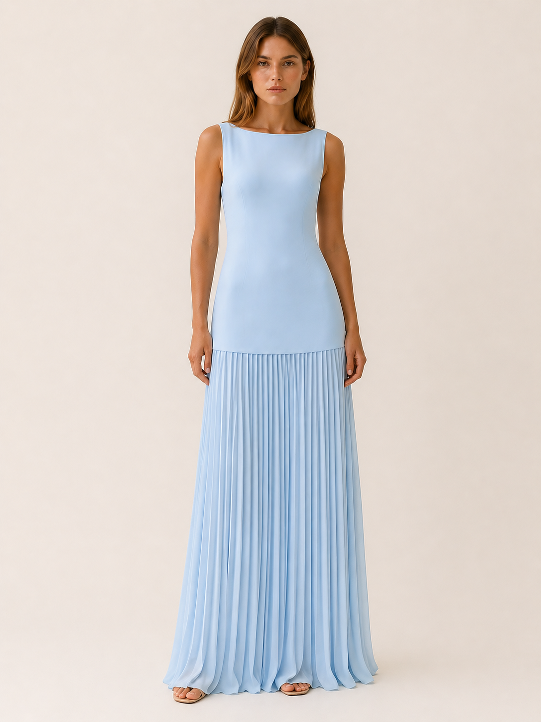 Celeste | Anteross Wedding Guest Pleated Maxi Dress with Boat Neck