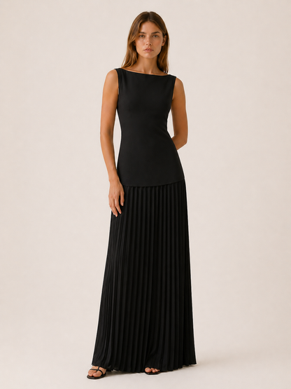 Celeste | Anteross Wedding Guest Pleated Maxi Dress with Boat Neck
