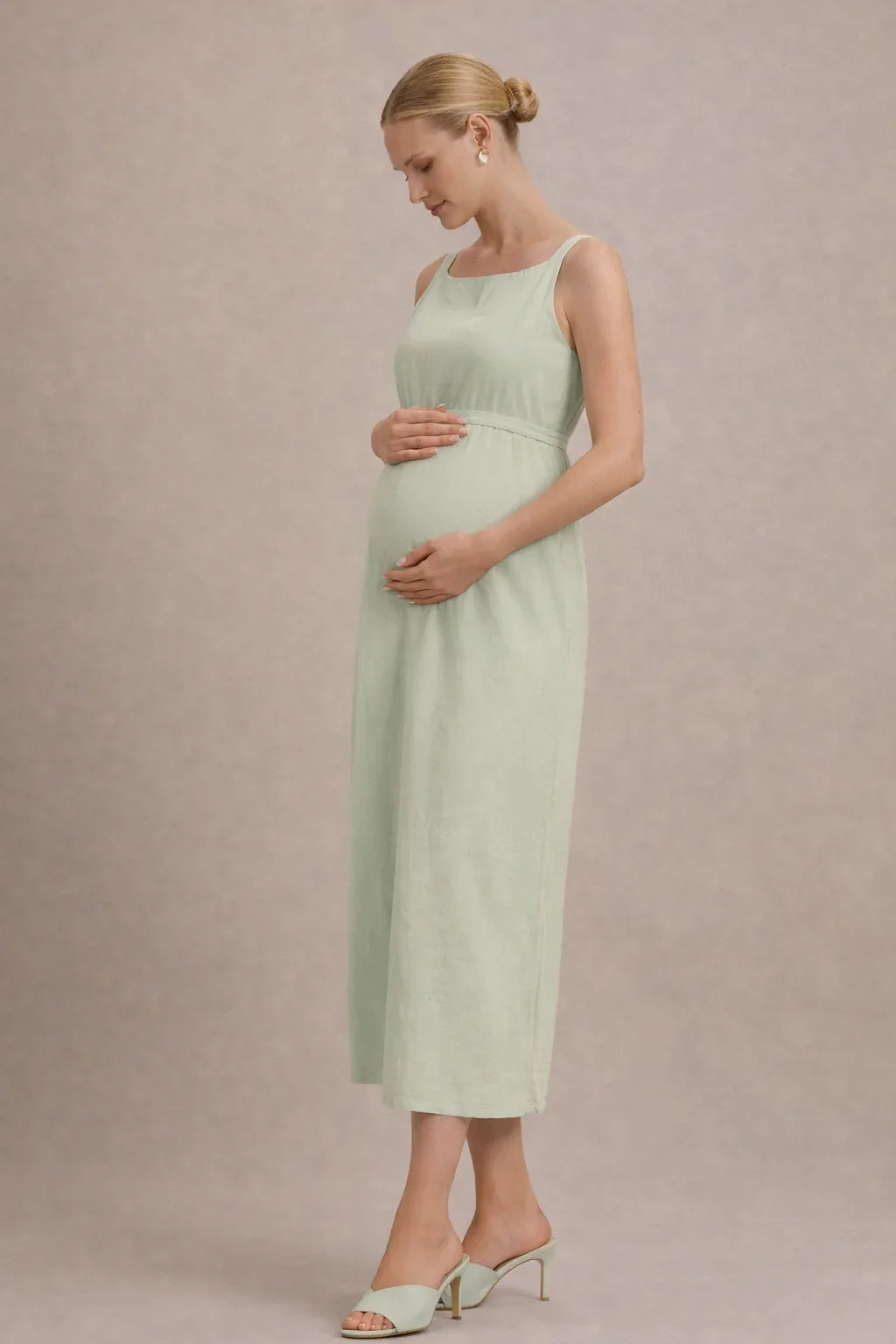 Maternity Midi Dress – Sleeveless Empire Waist Pregnancy Dress with Tie Waist