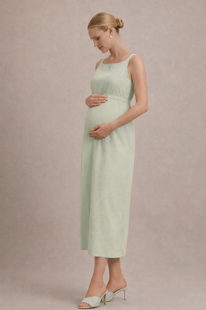 Maternity Midi Dress – Sleeveless Empire Waist Pregnancy Dress with Tie Waist