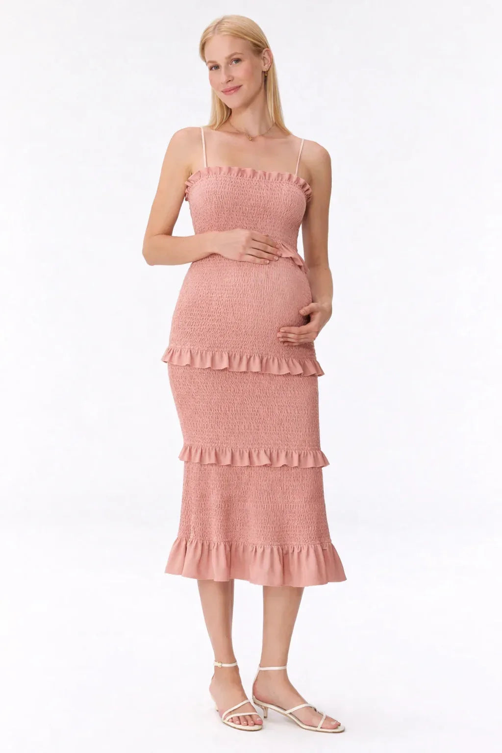 Maternity Dress for Baby Shower - Smocked Fitted Midi Dress for Women