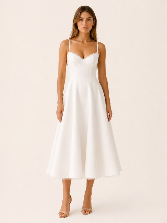 Celeste | Anteross Wedding Guest Satin Corset Midi Dress with Tulle Skirt