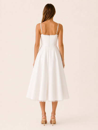 Celeste | Anteross Wedding Guest Satin Corset Midi Dress with Tulle Skirt
