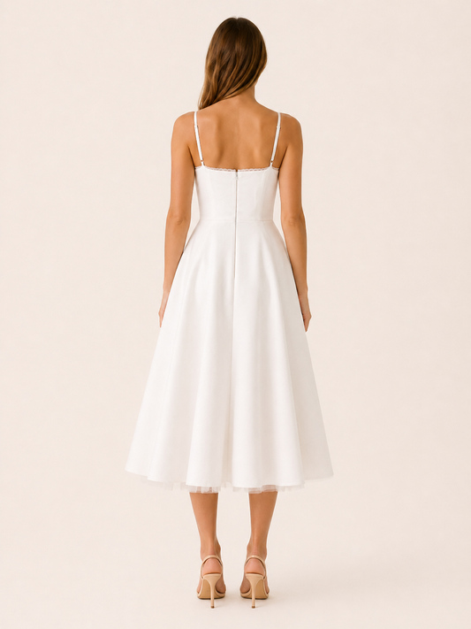 Celeste | Anteross Wedding Guest Satin Corset Midi Dress with Tulle Skirt