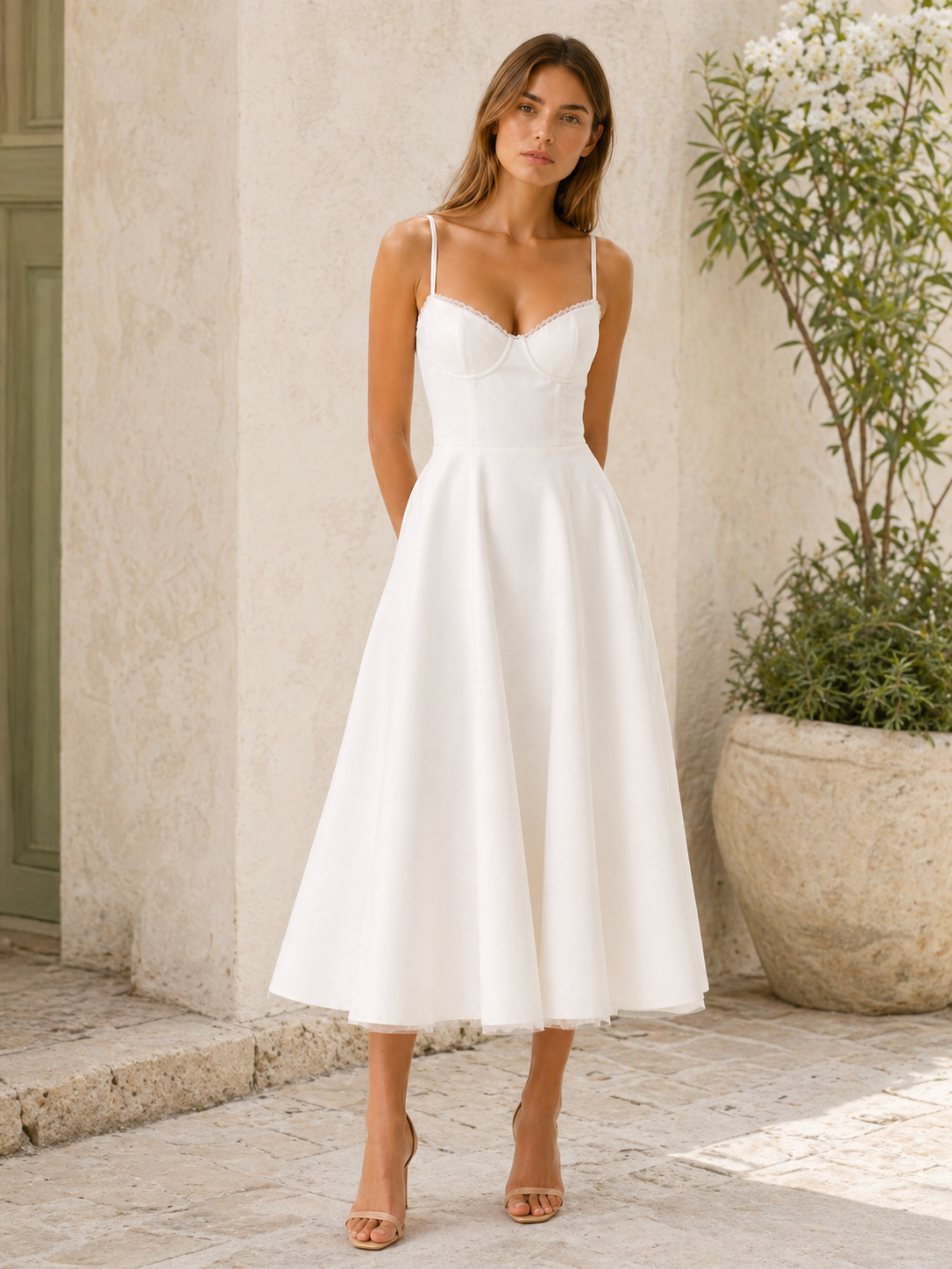 Celeste | Anteross Wedding Guest Satin Corset Midi Dress with Tulle Skirt