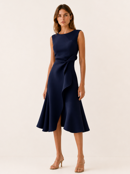 Celeste | Anteross Wedding Guest Midi Dress with Asymmetric Draped Detail