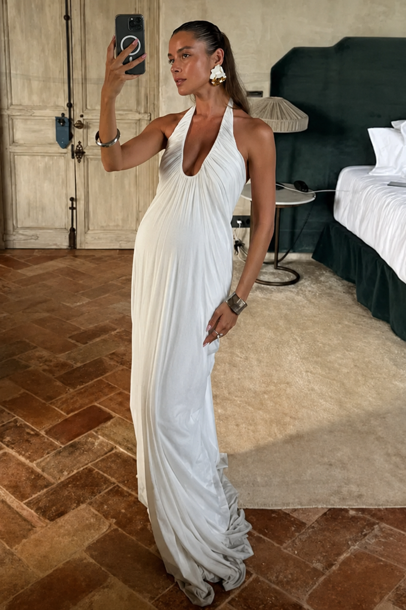 White Maternity Maxi Dress – Halter Neck Open Back Flowing Pregnancy Dress