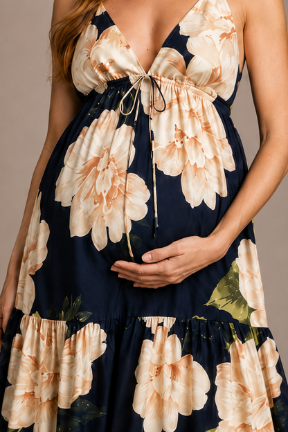 Floral Maternity Maxi Dress – Sleeveless V-Neck Empire Waist Pregnancy Dress with Open Back