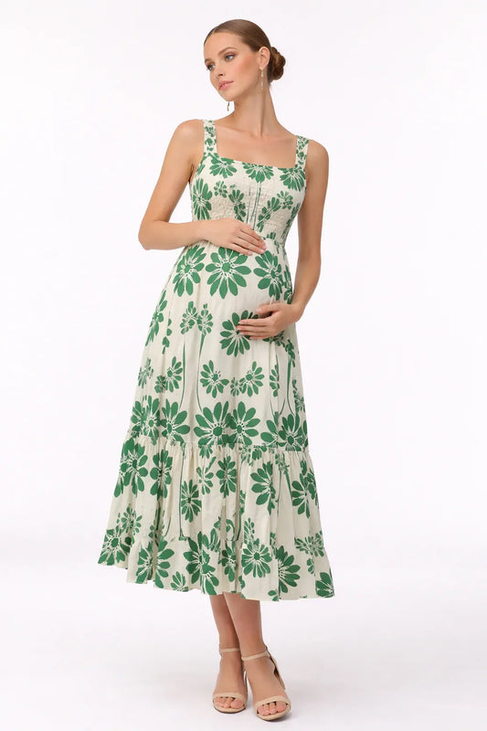 Maternity Dress for Women - White Green Floral Sleeveless Midi Dress for Baby Shower
