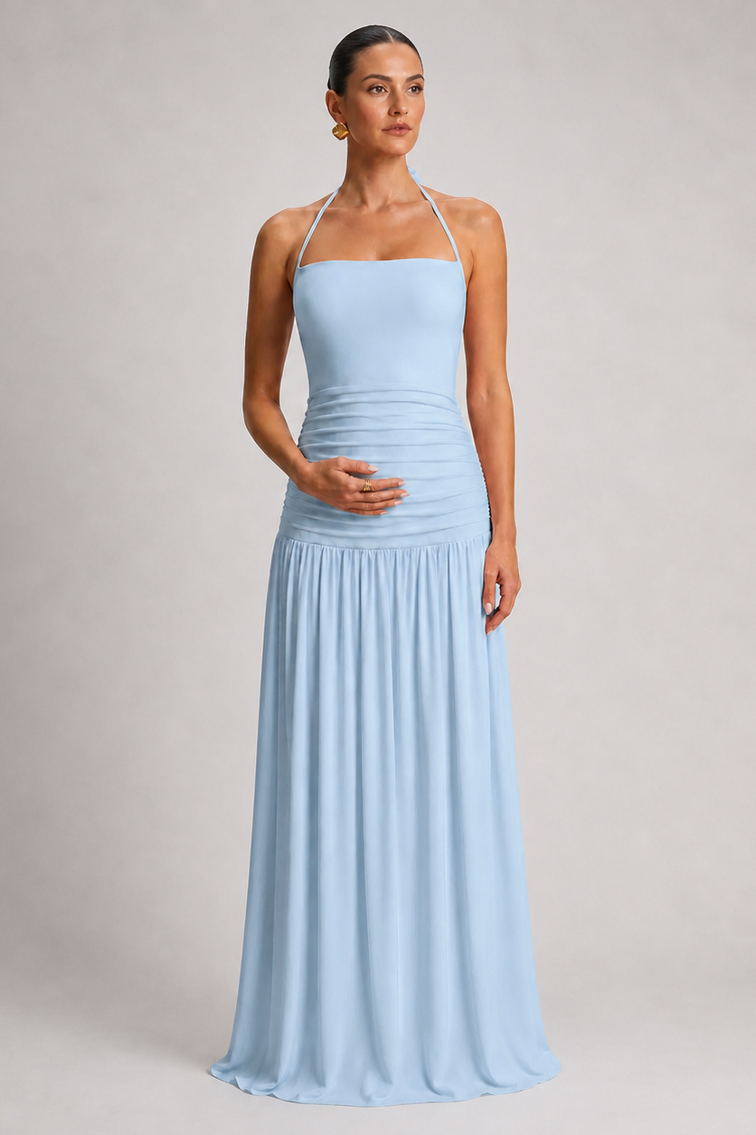 Maternity Maxi Dress – Halter Sleeveless Pregnancy Dress with Pleated Long Skirt