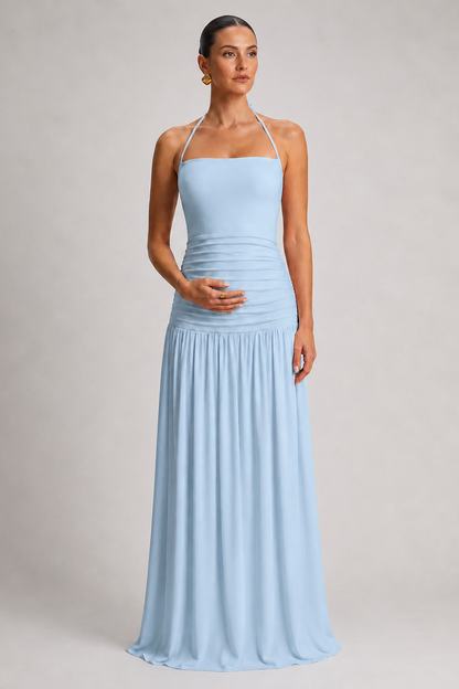 Maternity Maxi Dress – Halter Sleeveless Pregnancy Dress with Pleated Long Skirt