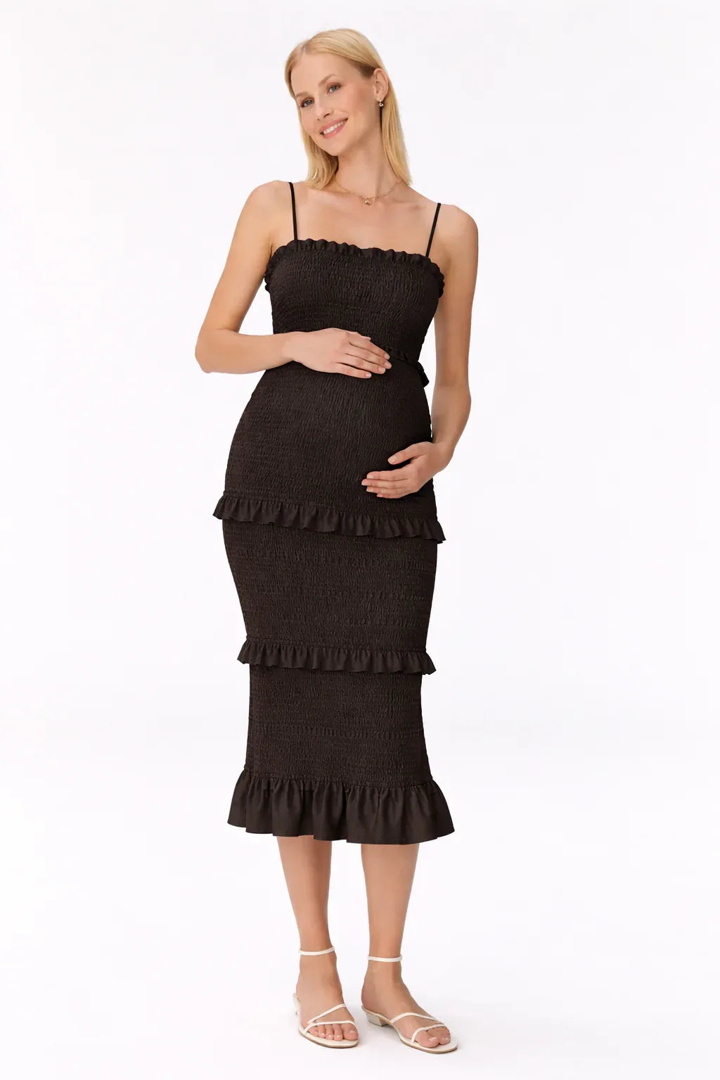 Maternity Dress for Baby Shower - Smocked Fitted Midi Dress for Women