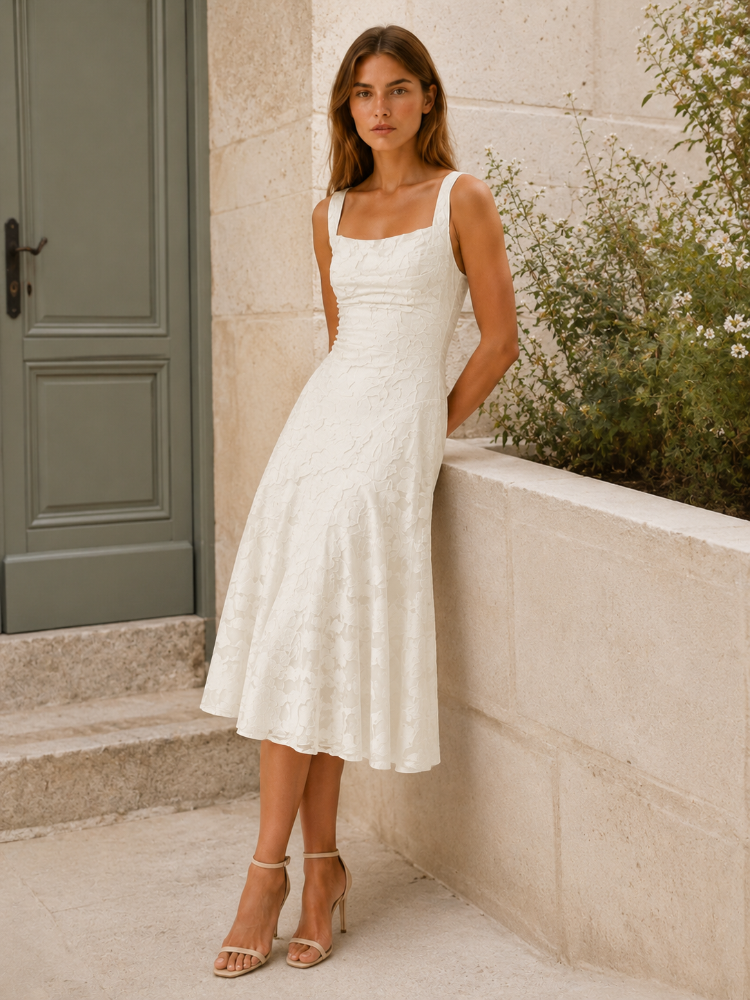 Celeste | Anteross Wedding Guest Floral Lace Midi Dress with Square Neckline