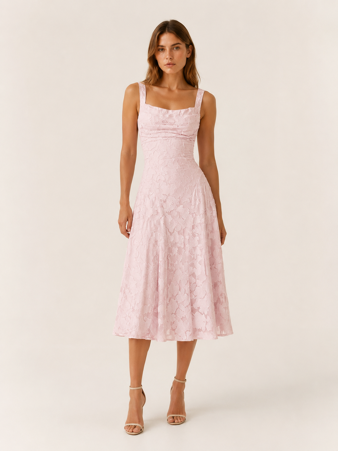Celeste | Anteross Wedding Guest Floral Lace Midi Dress with Square Neckline