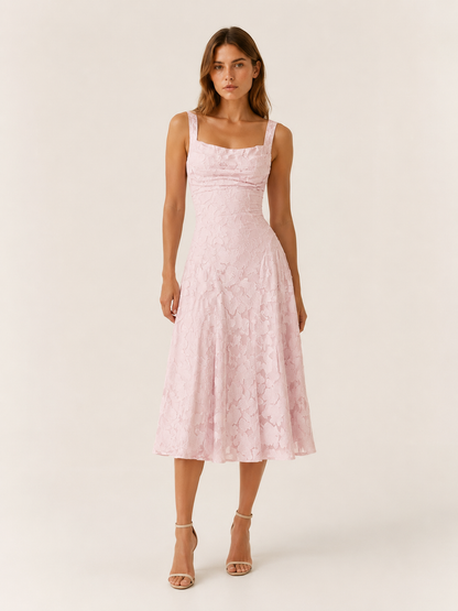 Celeste | Anteross Wedding Guest Floral Lace Midi Dress with Square Neckline