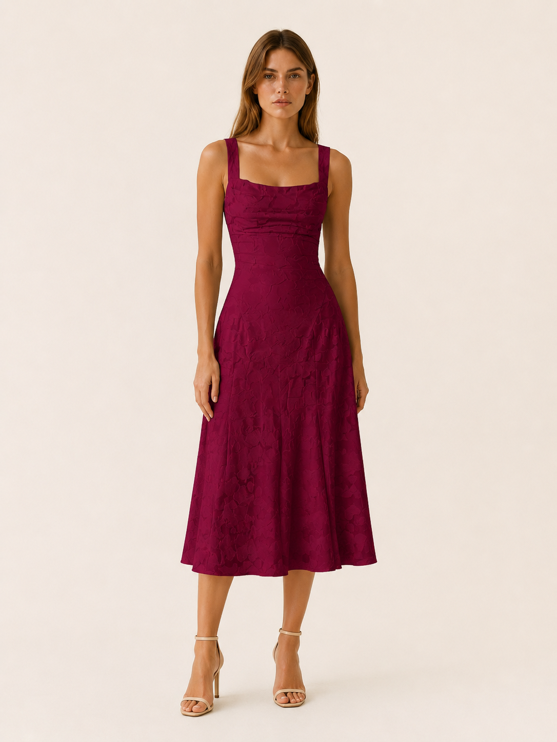 Celeste | Anteross Wedding Guest Floral Lace Midi Dress with Square Neckline