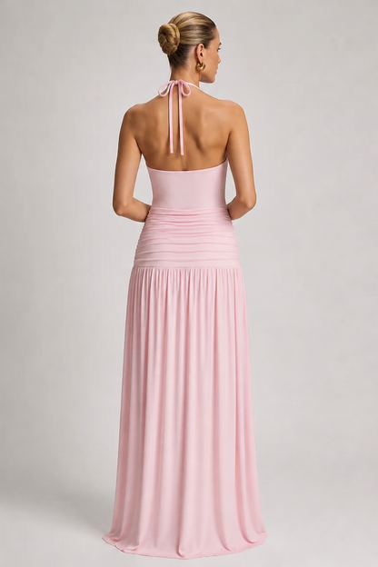 Maternity Maxi Dress – Halter Sleeveless Pregnancy Dress with Pleated Long Skirt